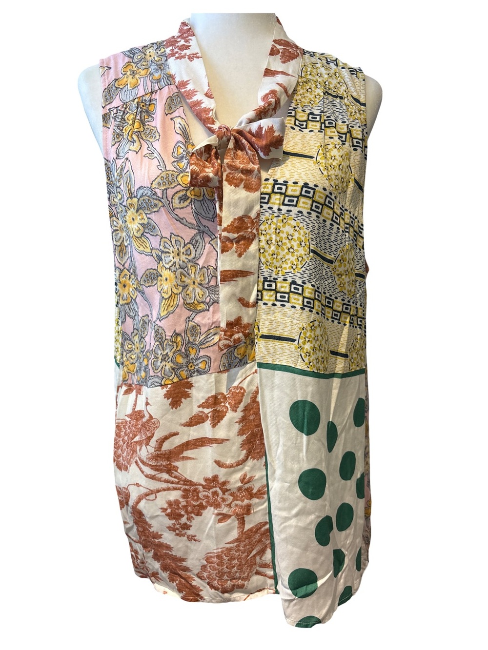 Moulinette Soeurs by Anthropologie Pink and Rust Floral Tie-Neck Blouse